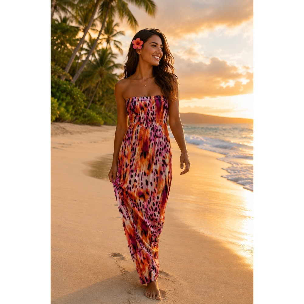 Apt. 9 Pink Orange Abstract Animal Print Strapless Maxi Dress Tropical Medium